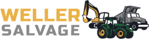 Weller Salvage logo featuring yellow and gray text with heavy equipment and truck illustrations.